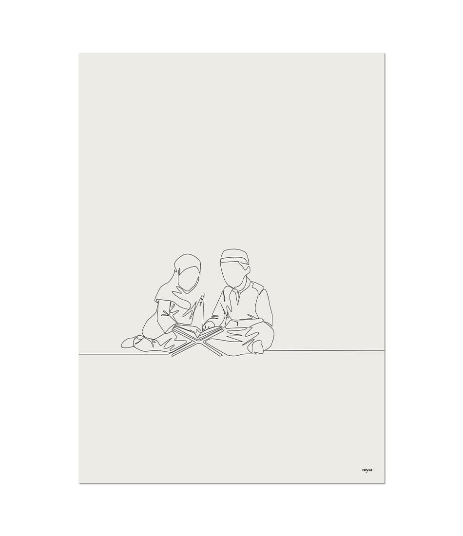 Kids Reading Quran Line Illustration