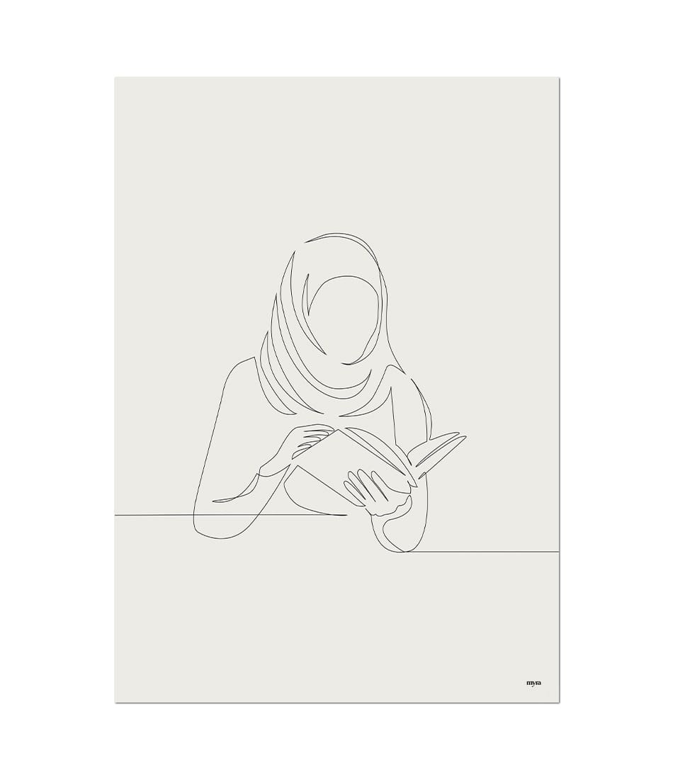 Lady Reading Quran Line Illustration
